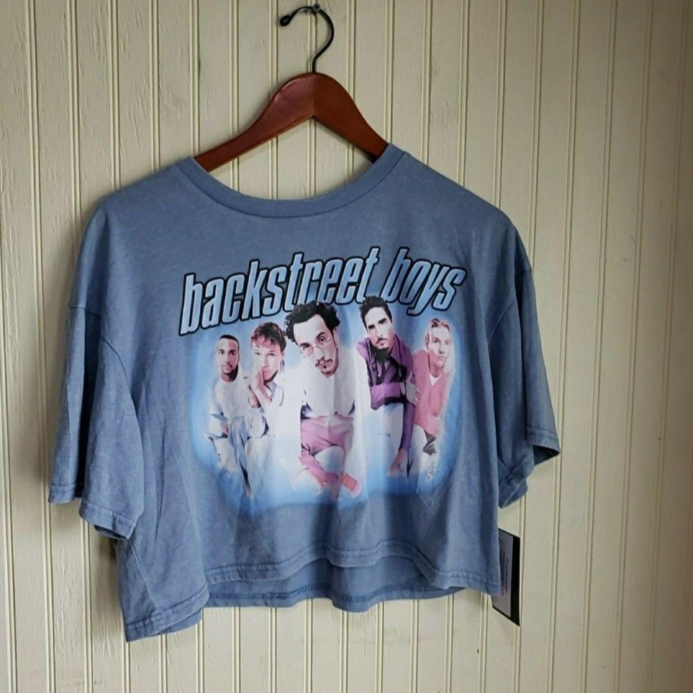 Backstreet Boys Shirt Womens Medium Blue Crew Neck Short Sleeve Cropped Top